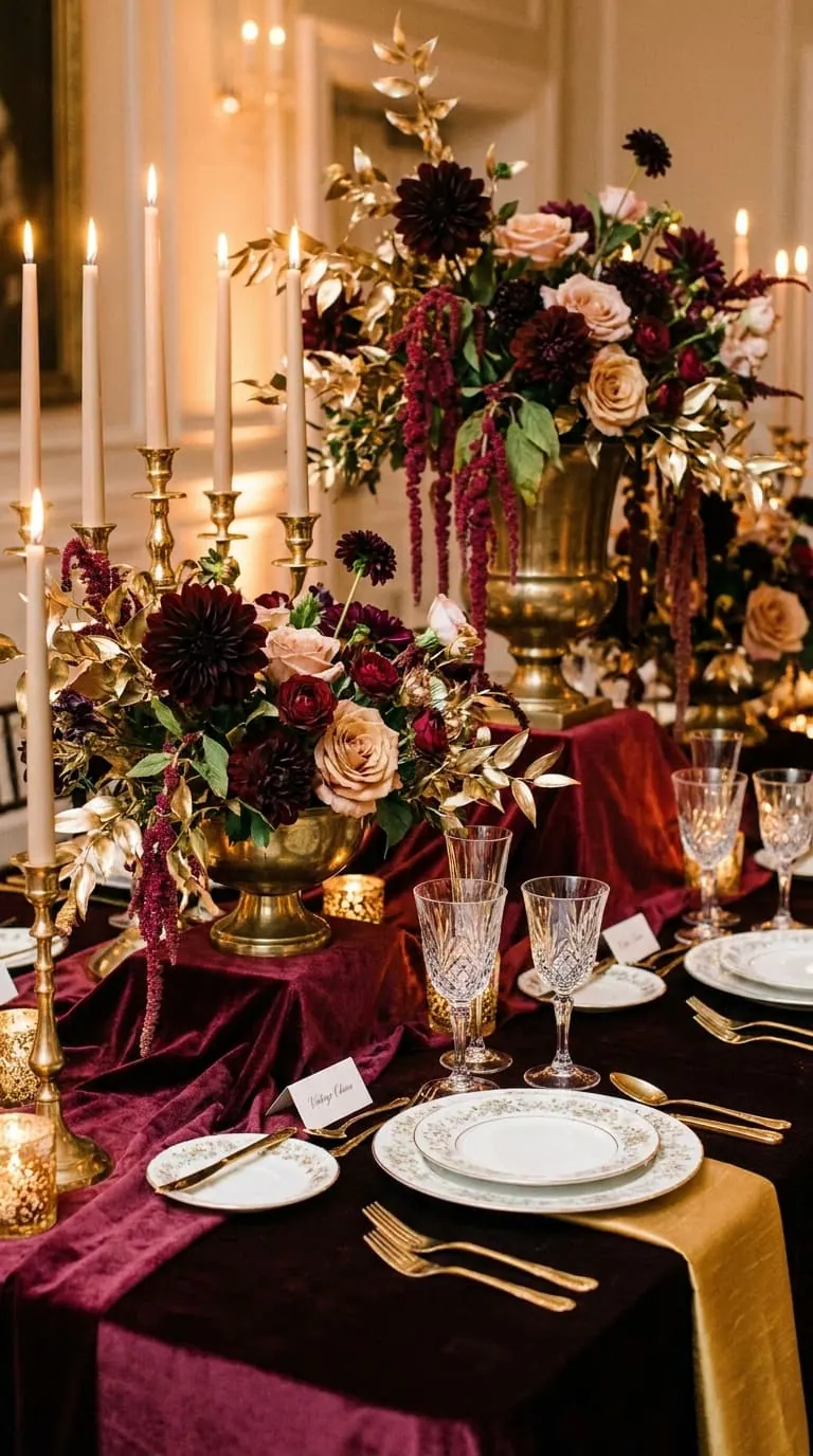 Decoração de festa em tons de vinho e dourado