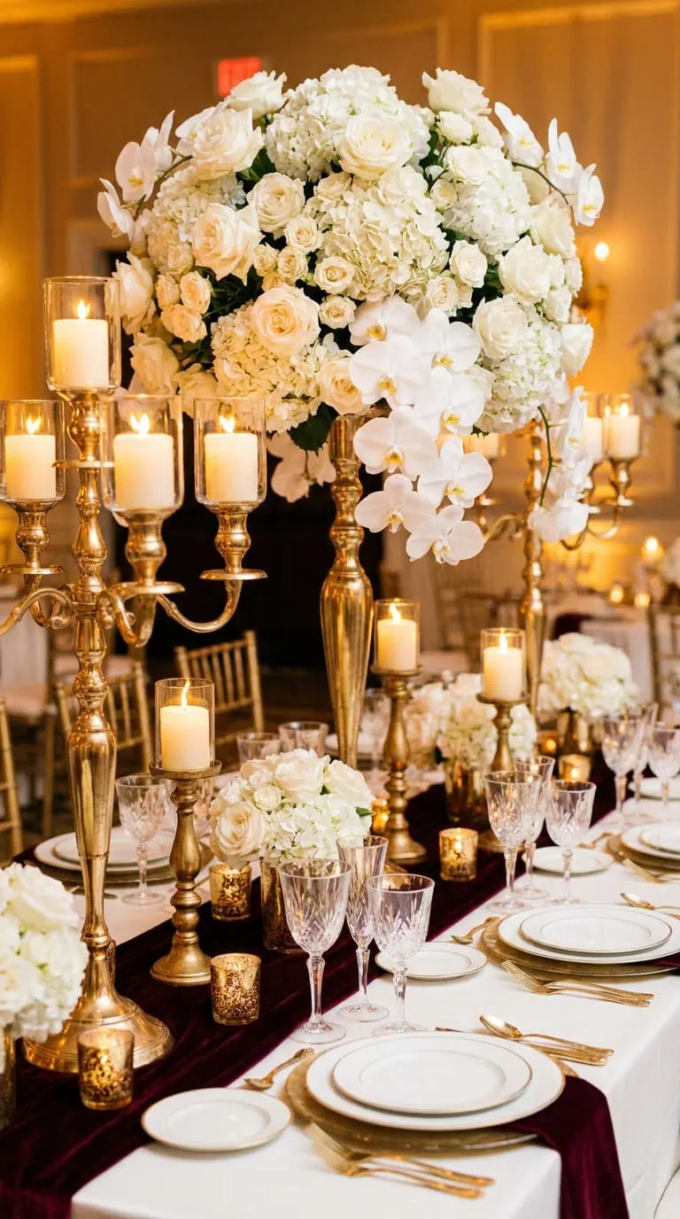 Mesa de casamento decorada com flores e detalhes dourados