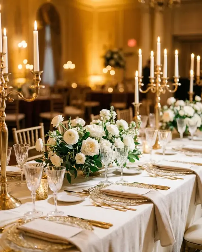 Salão de casamento montado pelo Buffet Bom Gosto à luz de velas, com candelabros dourados, arranjos de rosas brancas e mesa posta com cristais